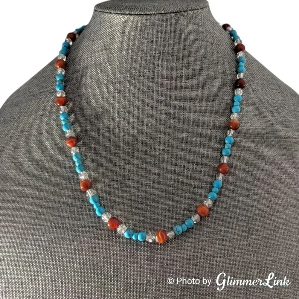 Teal Blue & Burnt Orange Gemstone Glass Beaded Silver Tone Necklace